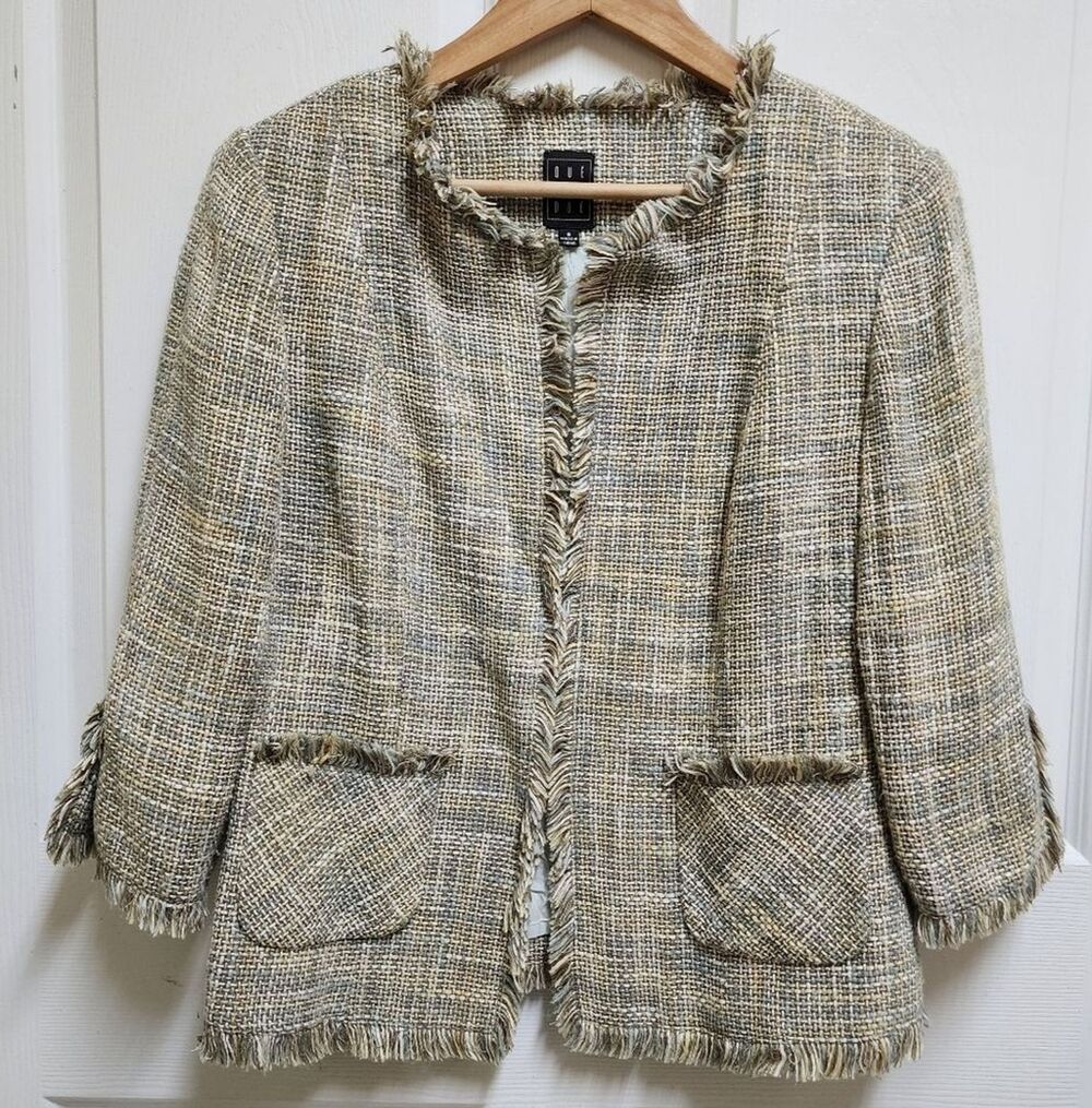 Due Per Due Women Linen Blend Tweed Fringe Open Front Blazer Size 10 Lagenlook
